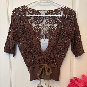 Mac & Jac Vintage Brown Beaded Crochet Top Medium 100% Corton NWT